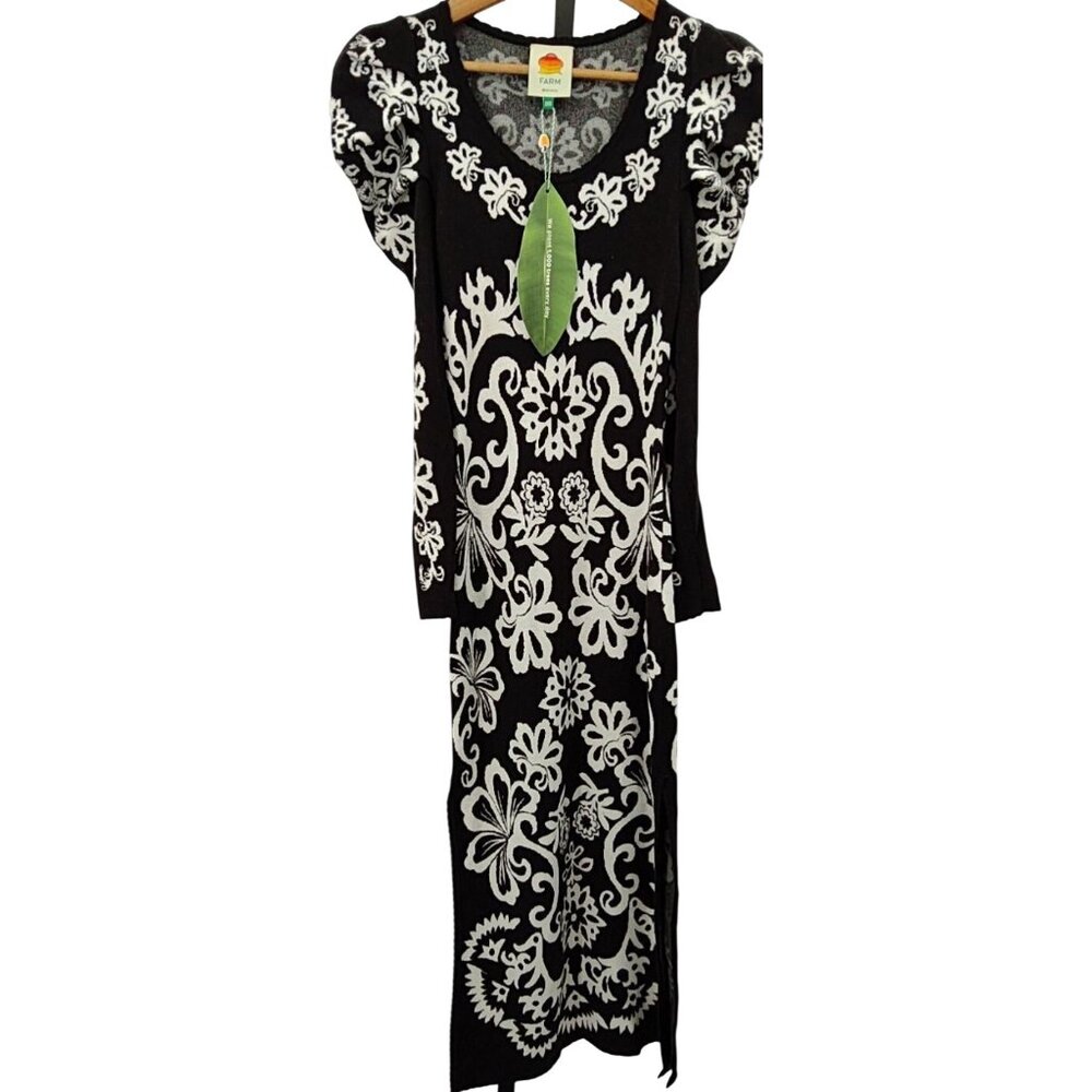 Farm Rio Cashew Mandala Knit Long Puff Sleeve Midi Dress in Black Size XXS New - Picture 6 of 6